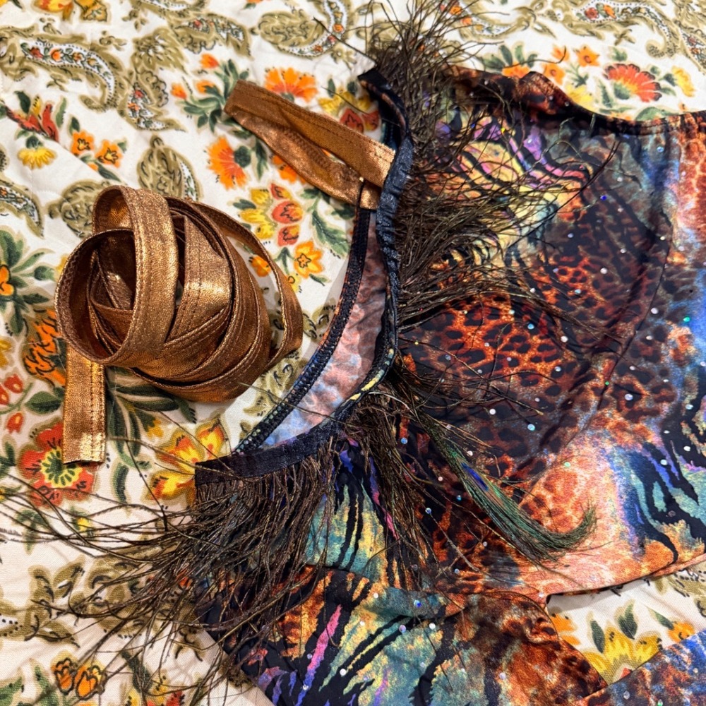 VTG Animal Print Sequin Peacock Feather One Shoulder Dance Unitard Cut Outs - Picture 4 of 9